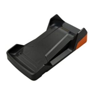Rechargeable battery resting in a black charging dock with an orange side accent triumphing a compact charger look