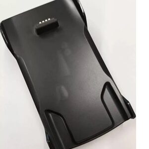 Black plastic docking cradle with four contact pins on top, designed to hold and charge a handheld device