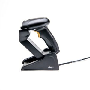 Cordless handheld barcode scanner resting in its charging cradle, with power cord attached (POS/barcode scanning setup).