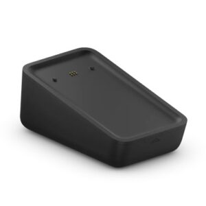 Black angled charging dock/cradle with gold contact pins on the top surface, used to charge a compatible device.