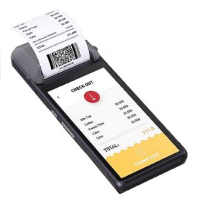 Mobile POS device printing a receipt while showing checkout screen with total amount on display.