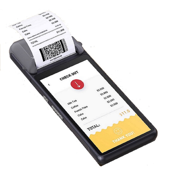 Telpo-M1 | Kontroll Elektro AS Mobile POS device printing a receipt while showing checkout screen with total amount on display.