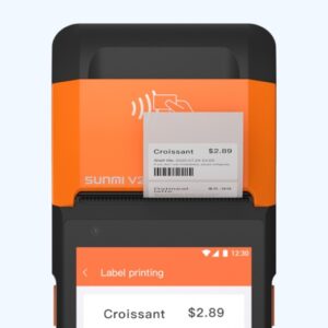 Orange Sunmi V2 label printer printing a receipt, with a handheld device showing a 'Label printing' screen nearby.