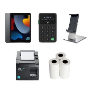 POS hardware setup: tablet, card reader, payment stand, thermal printer, and receipt paper rolls on white background