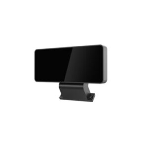 Smartphone resting in a black angled desk stand, isolated on white background