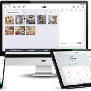 Multi-device POS interface shown on desktop monitor, tablet, and smartphone with product grid and checkout panel.