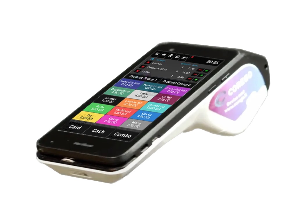 Handheld POS card terminal with a colorful grid of payment buttons on the screen and a dark display area.