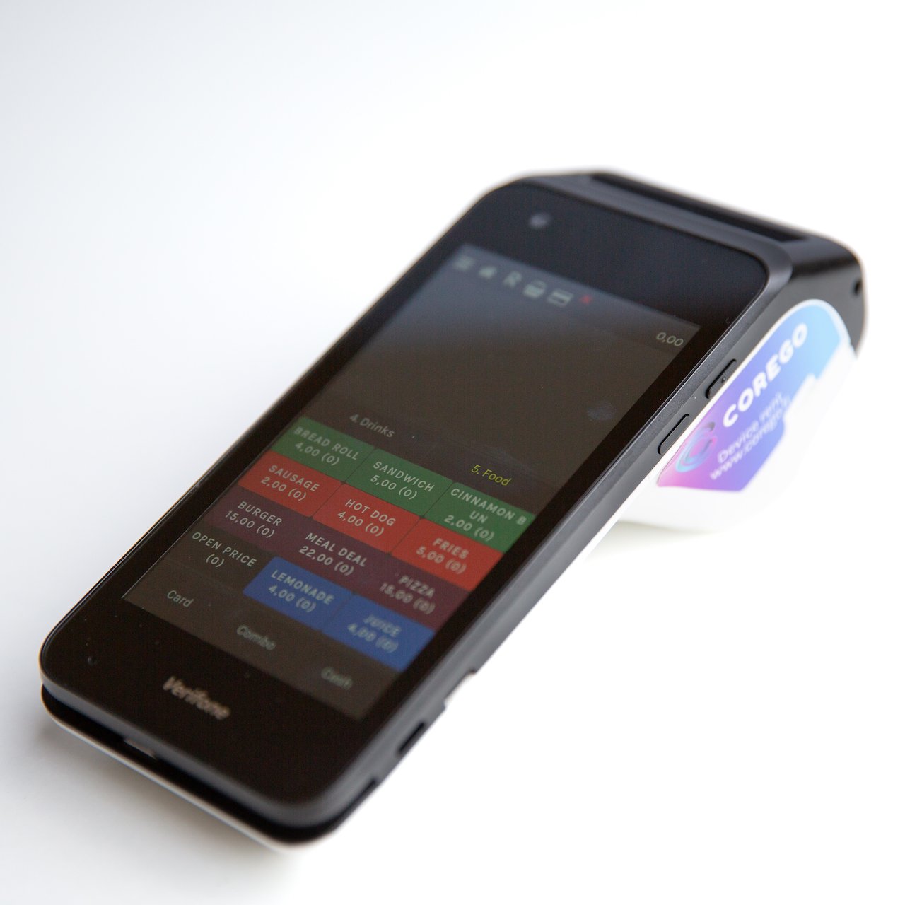 Black iPhone displaying a colorful card-payments screen attached to a card reader on the side; close-up of a mobile payment setup