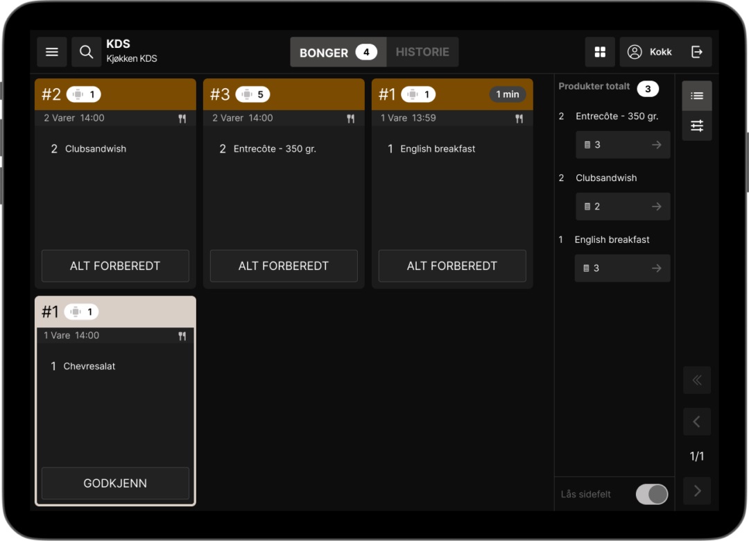 Kitchen order board on a tablet showing three active orders (#2, #3, #1) with 'ALT FORBEREDT' buttons and a bottom card for Chevresalat labeled 'GODKJENN'