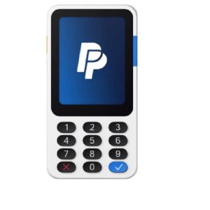 Portable card payment terminal with keypad and blue screen displaying a white logo.
