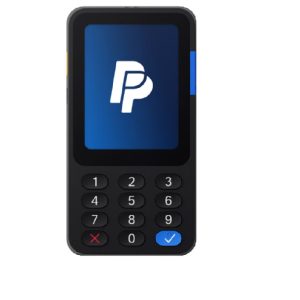 Card payment terminal with a blue screen displaying a white logo and numeric keypad.