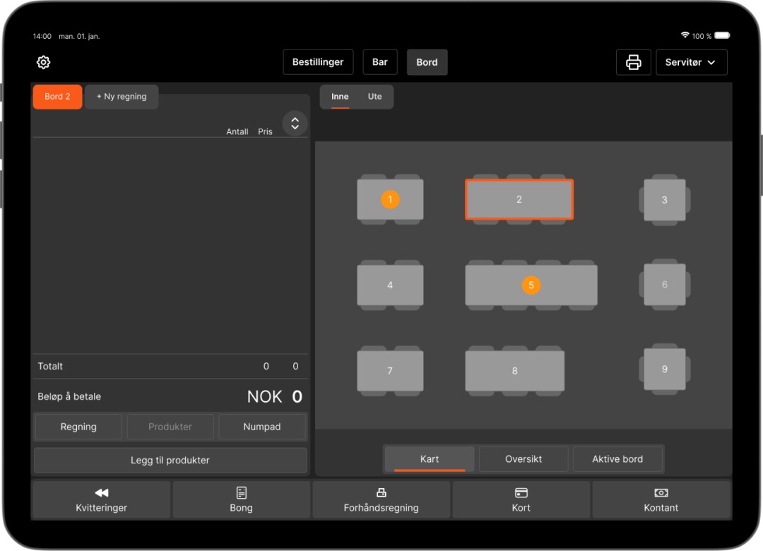 POS tablet screen showing a dark restaurant seating map with numbered tables; table 2 is highlighted in orange (also table 5 highlighted later). Left panel shows total NOK 0 and cart/options; bottom navigation includes receipts, bill, card, cash.