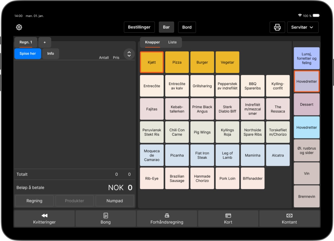 Restaurant POS screen with grid of menu buttons; left order pane and right category column; highlights around 'Kjøtt' and other yellow items.