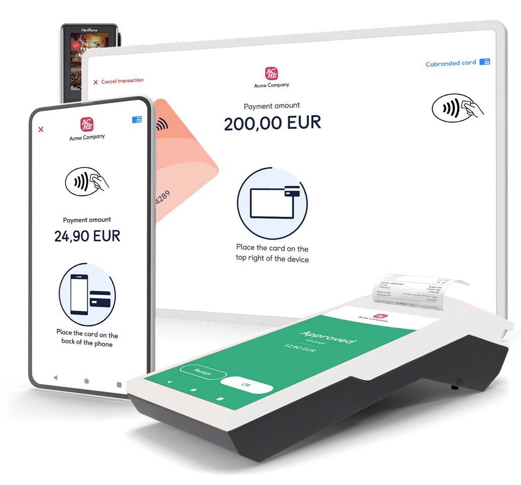 Mobile phone and tablet showing payment screens with amounts 24,90 EUR and 200,00 EUR; a card reader is in the foreground.