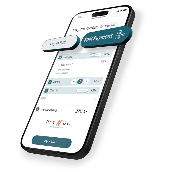 Smartphone screen showing a payment app with Split Payment and Pay In Full options, total 370 kr.