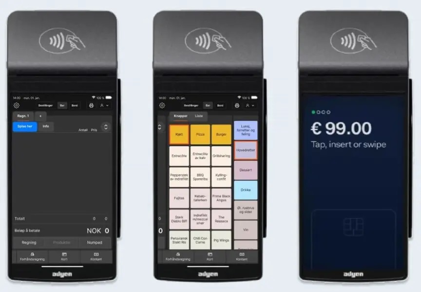 Three handheld payment terminals lined up side by side, each with a contactless payment symbol on top and a different touchscreen POS screen visible.
