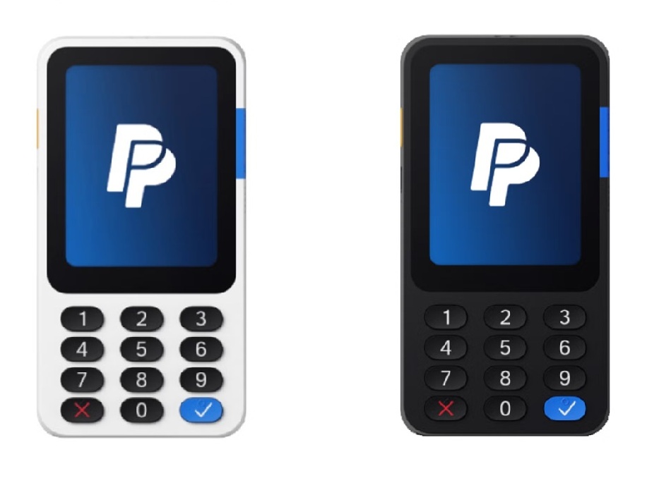 PayPal reader | Kontroll Elektro AS Two portable payment terminals with blue screens and numeric keypads, one white and one black.